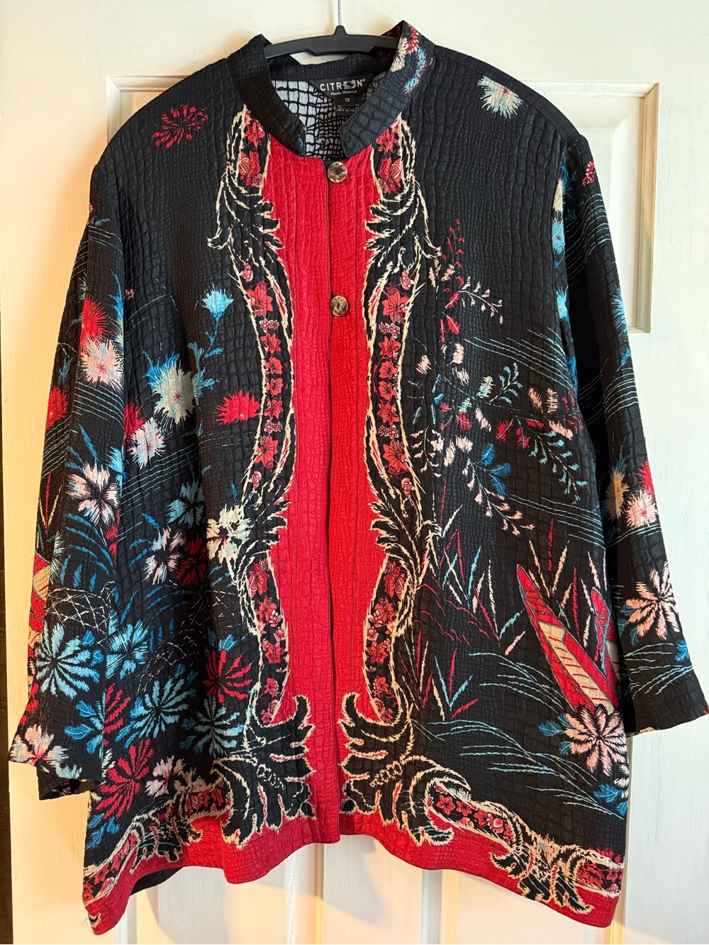 Citron Santa Monica Textured Art-to-Wear Jacket XL Black Red Floral Asian Print